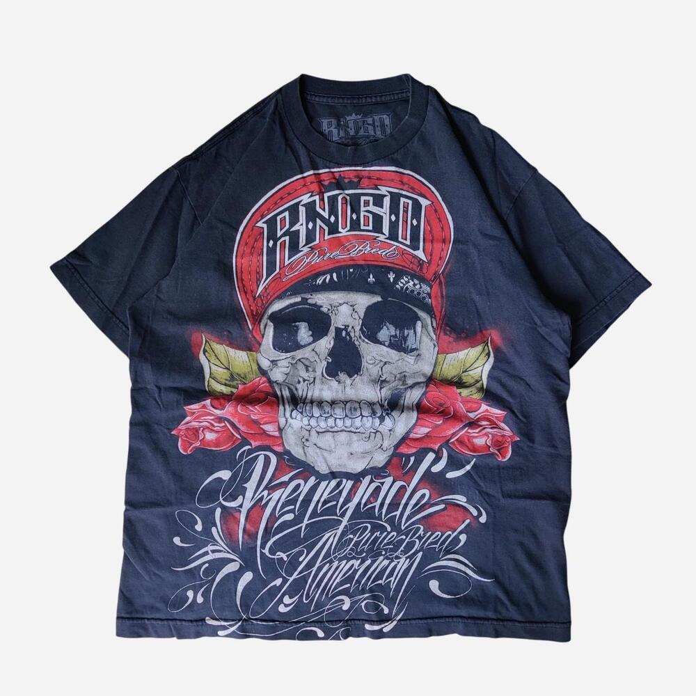 Y2K Affliction style Renegade black t-shirt with skull wearing a red cap with ro